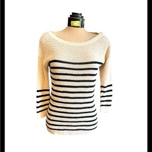 Ann Taylor LOFT Open Weave Boat Neck Beige Blue Striped Women’s Medium